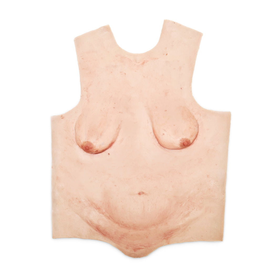 A silicone female geriatric torso with mesh backing.